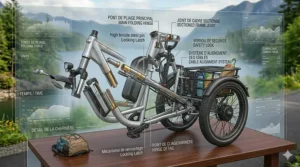 Illustration showing the folding mechanism of the best electric trike for easy storage in Canadian apartments and vehicles.