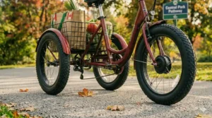 A compact, folded maroon electric tricycle resting on a carpeted hallway, demonstrating its space-saving design and quick-folding mechanism, suitable for storage in an apartment or condominium setting.