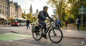 A commuter riding a hybrid ebike past historic Canadian architecture, perfect for city transit and weekend trails.