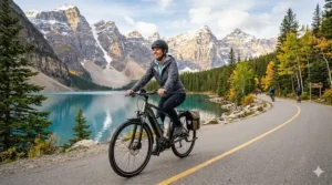 Technical diagram illustration showing a high-capacity battery for a hybrid ebike, visualizing a long-distance range across a map of Canada.