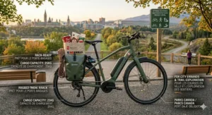 A hybrid ebike equipped with panniers for city grocery runs and carrying gear for off-road trail excursions.