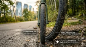 Dual-purpose tires on a hybrid electric bike providing grip on loose gravel trails and speed on city asphalt.