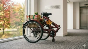 An intuitive electric tricycle control console featuring a clear, easy-to-read digital display screen, mounted on the handlebar, showing essential ride information, alongside simple, accessible control buttons.