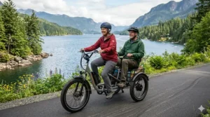 Infographic showing the long-range battery performance of the best electric trike, ideal for long Canadian commutes.