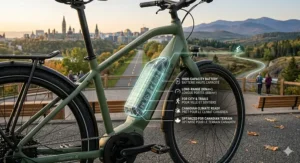 Illustration showing a high-capacity ebike battery capable of long distances across Canadian urban and rural landscapes.