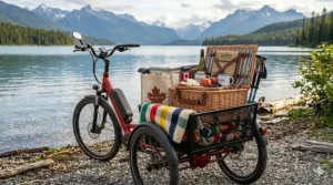 Recreational use of an electric trike with a large basket during a Canadian summer outing at a lakeside park.