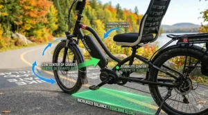 A detailed display screen on a recumbent electric bike cockpit showing extended battery range (165 KM) and bilingual status by a Canadian lake.