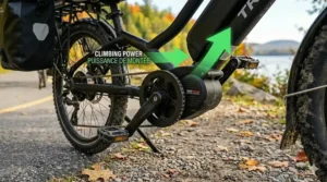 Close-up of a loaded rear cargo rack and waterproof panniers on a recumbent electric bike, parked by a Canadian lake, featuring bilingual text.