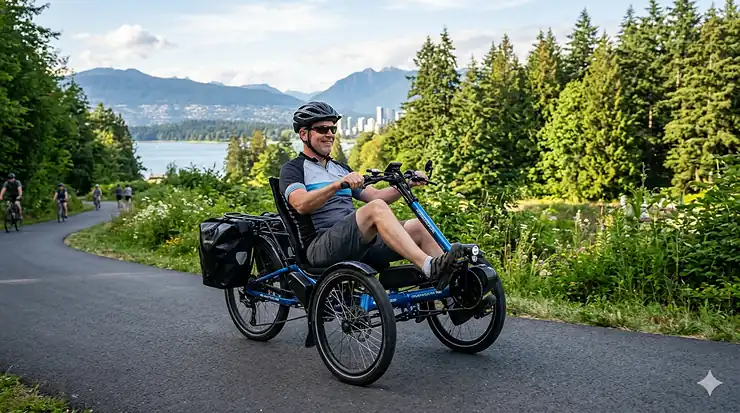 A rider enjoys a smooth commute on a recumbent electric trike along a paved Canadian park trail.