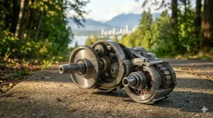 Powerful pedal-assist motor on a recumbent electric trike climbing a gentle hill.