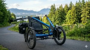 Bright integrated LED lights on a recumbent electric trike for safe evening riding.