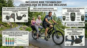 Tandem ebike riders on a Canadian bike path showcasing different fitness levels.