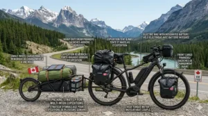 Safety gear and lighting for a cyclist riding an electric bike for a cross-Canada trip. / Équipement de sécurité et éclairage pour un cycliste utilisant un vélo électrique pour un voyage à travers le Canada.