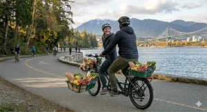 Illustration of a family enjoying an outing on a tandem electric bike in a Canadian park.