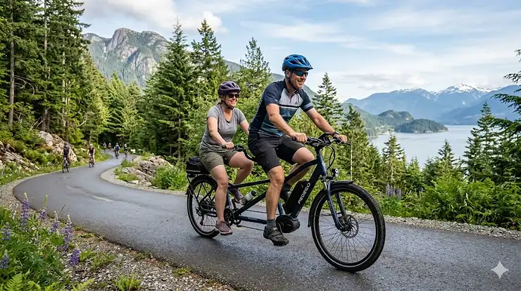 Diverse pair riding a tandem ebike for different fitness levels on a scenic Canadian trail.