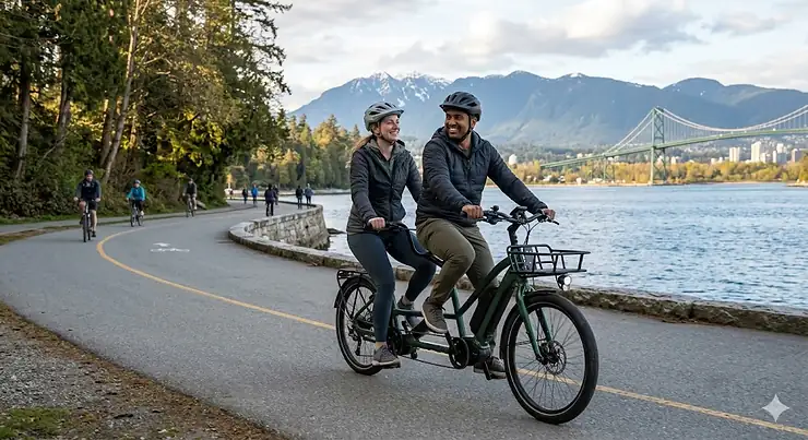 A couple riding a tandem electric bike along a scenic coastal path in Canada.