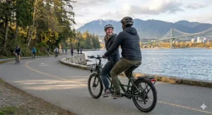 Illustration demonstrating the cargo capacity of a tandem electric bike for grocery runs.