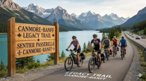 A fully loaded touring ebike with waterproof panniers parked at a Jasper National Park campsite.