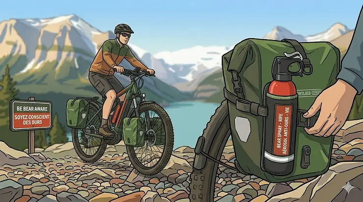 A premium long-range touring ebike parked at a viewpoint overlooking Lake Louise in Banff National Park, Alberta. touring ebike for canadian rockies