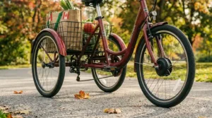 A detailed, high-resolution close-up photograph capturing the secure parking brake lever assembly mounted on the right handlebar of an electric tricycle, emphasizing a crucial safety feature for stability when stopped.