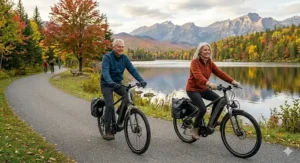 A happy cyclist using an electric bike to stay active and mobile in a Canadian urban setting.