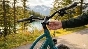 Comfortable adjustable handlebars on a step-through e-bike for ergonomic senior riding.