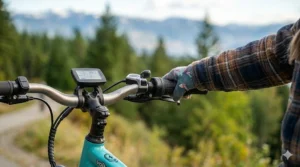 Close-up of twist-throttle control on a kids electric bike