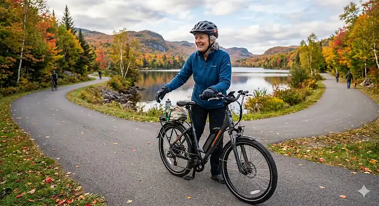 Senior cyclist riding an e-bike on a Canadian park trail for comfortable mobility. electric bike for arthritis sufferers