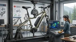 Diagram showing reinforced e-bike frame structure supporting 350 lbs capacity.