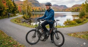 Step-through frame on an electric bike for easy mounting and reduced joint strain.