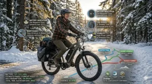 Illustration of an electric bike equipped for Canadian winter conditions.