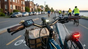 Close-up of safety features including bright LED lights and reflective gear on a city e-bike.