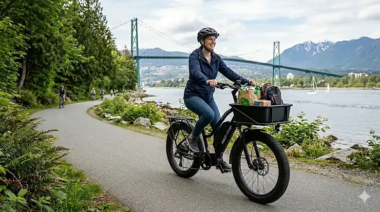 A person riding a durable black cargo electric bike with 300 lbs capacity, carrying groceries and bags on a paved trail near Vancouver, BC, under natural daylight.