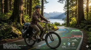 Infographic of electric bike battery range for long-distance commuting.