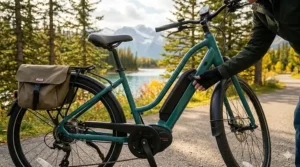 Detailed view of a long-range battery on a step-through e-bike for senior commuters.