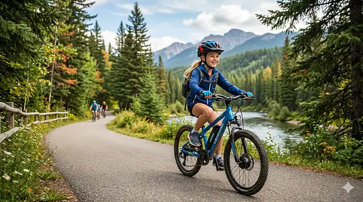 Child wearing a helmet riding a safe, pedal-assisted electric bike for kids on a paved Canadian suburban trail.
