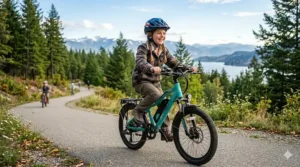 Kid riding an electric bike on a paved Canadian park trail