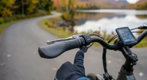 Close-up of an e-bike throttle assist button to reduce pedal resistance for riders.