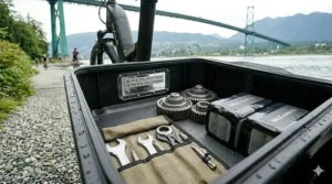 A view inside the cargo bin of an electric bike with 300 lbs capacity, showing internal tools and high-capacity power cells for heavy-duty use.
