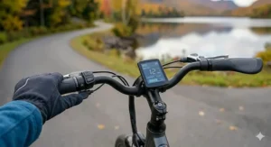 Ergonomic handlebars on an electric bike designed to improve comfort for hands and wrists.