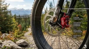 Powerful hydraulic disc brakes for stopping heavy e-bikes safely.