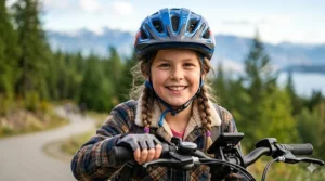 Child wearing safety helmet on an affordable kids electric bike