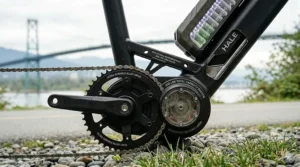 A detailed view of an e-bike frame showcasing the "Hi-Cap 300 lbs boost" battery and reinforced drivetrain system for high-load capacity.