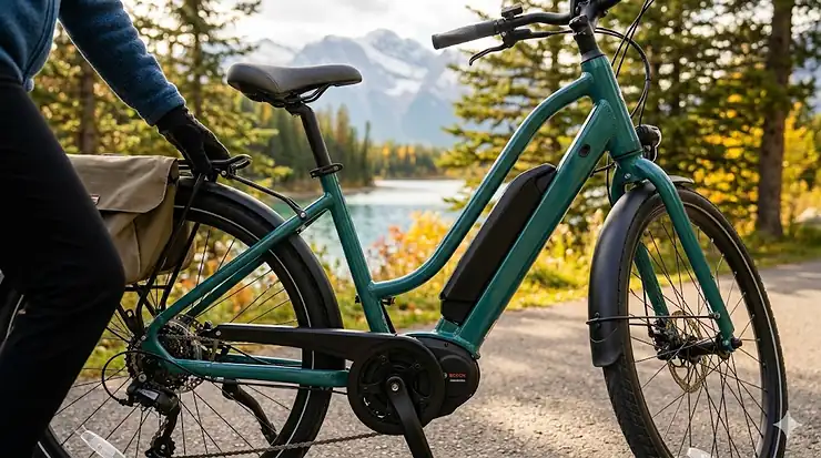 Low step-through electric bike frame design for easy mounting and dismounting for seniors.