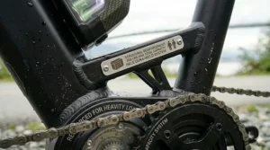 A close-up of a structural reinforcement plate on an electric bike frame, labeled "300 lbs max total capacity" and "Hale Dura-Weld System."