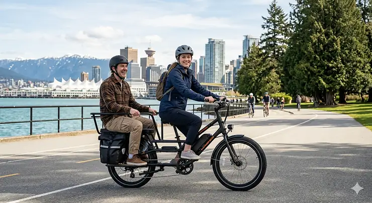 A couple riding a two-seater electric bike along a scenic Canadian urban bike path, perfect for efficient city commuting.