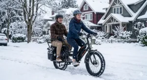 A two-seater electric bike navigating downtown Canadian traffic with ease and style.