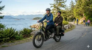 Detailed view of safety components on a two-seater electric bike, meeting Canadian road standards.