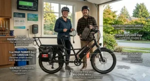 A two-seater electric bike, or vélo électrique biplace, promoting sustainable transport across Canada.