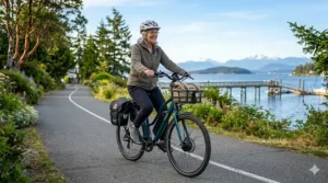 A senior woman enjoying the ergonomic, upright riding position of an e-bike for back comfort.